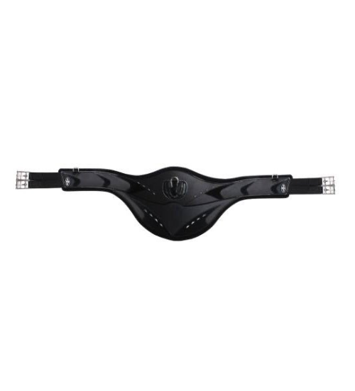 Glossy black premium leather equestrian stud girth with a wide belly guard, contrast white stitching, elastic ends, and stainless steel roller buckles, manufactured by Haram Exports.