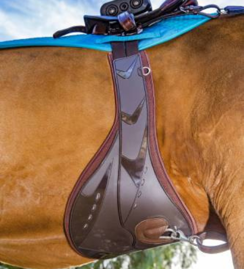 Glossy black premium leather equestrian stud girth with a wide belly guard, contrast white stitching, elastic ends, and stainless steel roller buckles, manufactured by Haram Exports.