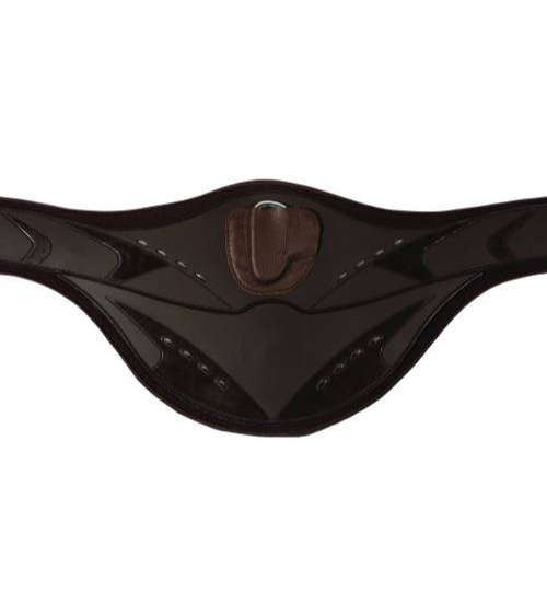 Glossy black premium leather equestrian stud girth with a wide belly guard, contrast white stitching, elastic ends, and stainless steel roller buckles, manufactured by Haram Exports.