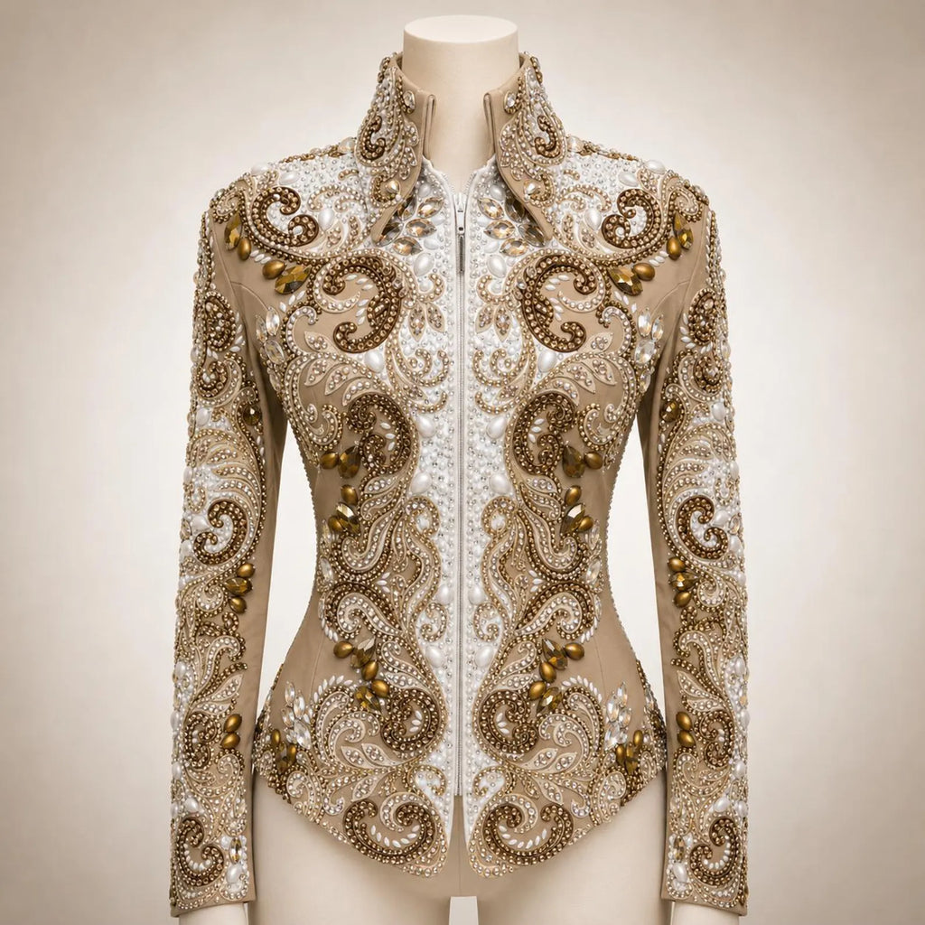 Luxury Handcrafted Western Equestrian Show Jacket – Premium Crystal & Gold Embellished Riding Shirt