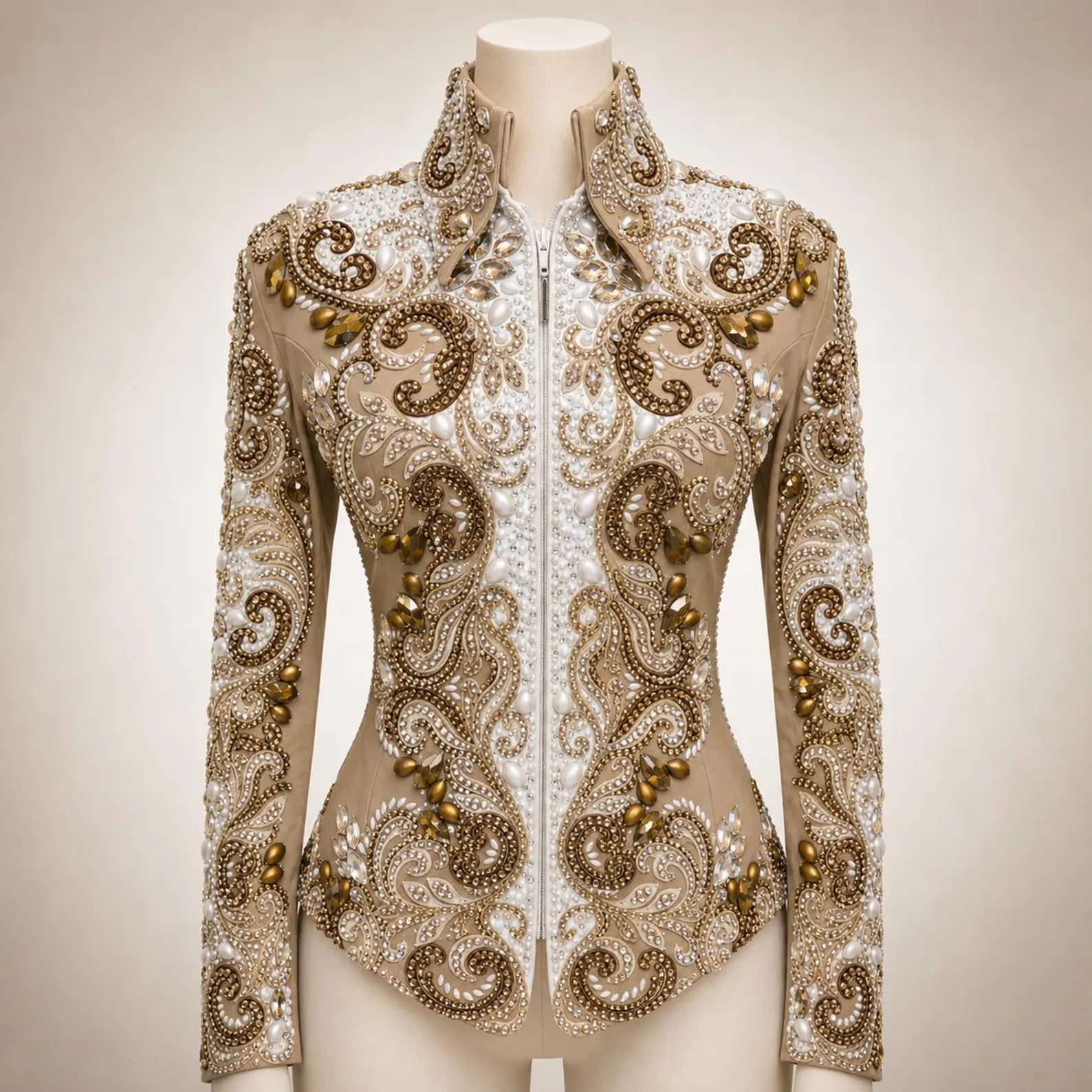 Luxury Handcrafted Western Equestrian Show Jacket – Premium Crystal & Gold Embellished Riding Shirt