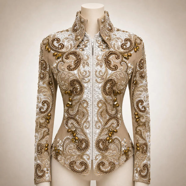 Luxury Handcrafted Western Equestrian Show Jacket – Premium Crystal & Gold Embellished Riding Shirt