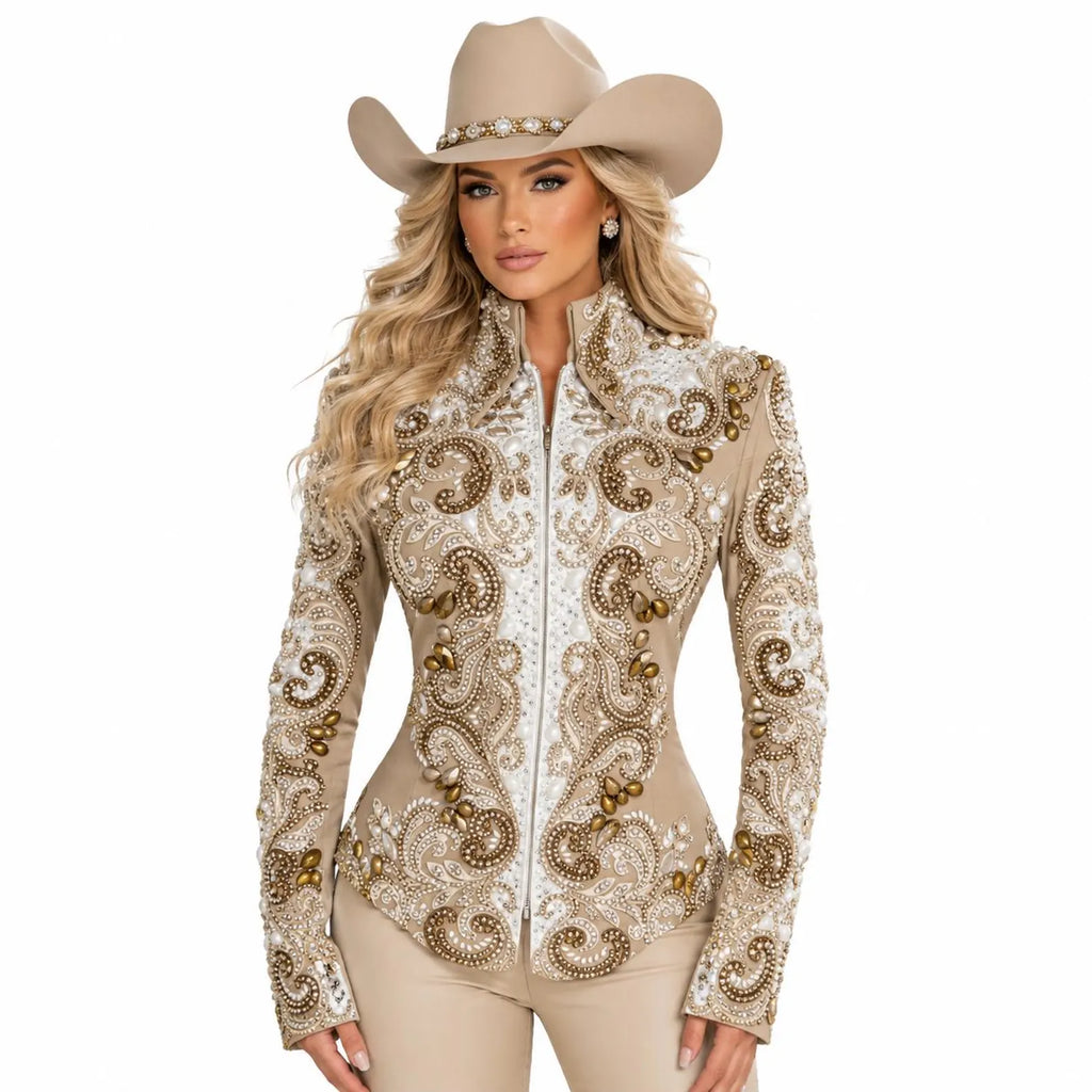 Luxury Handcrafted Western Equestrian Show Jacket – Premium Crystal & Gold Embellished Riding Shirt