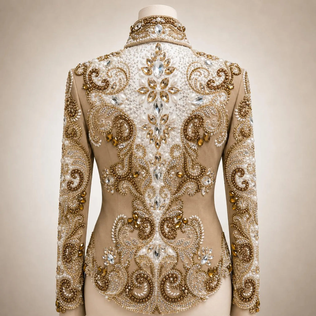Luxury Handcrafted Western Equestrian Show Jacket – Premium Crystal & Gold Embellished Riding Shirt