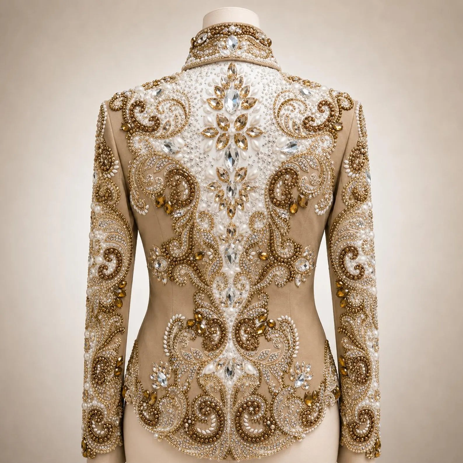 Luxury Handcrafted Western Equestrian Show Jacket – Premium Crystal & Gold Embellished Riding Shirt