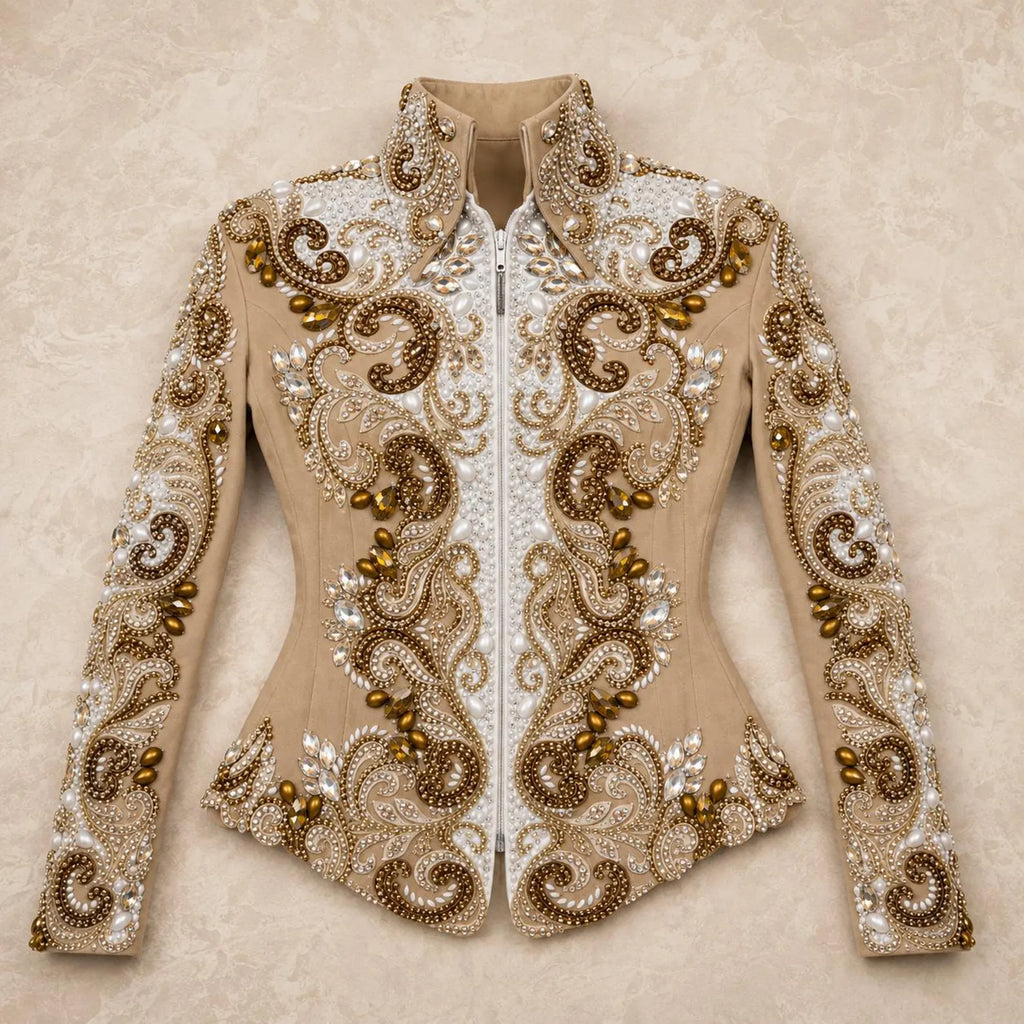 Luxury Handcrafted Western Equestrian Show Jacket – Premium Crystal & Gold Embellished Riding Shirt