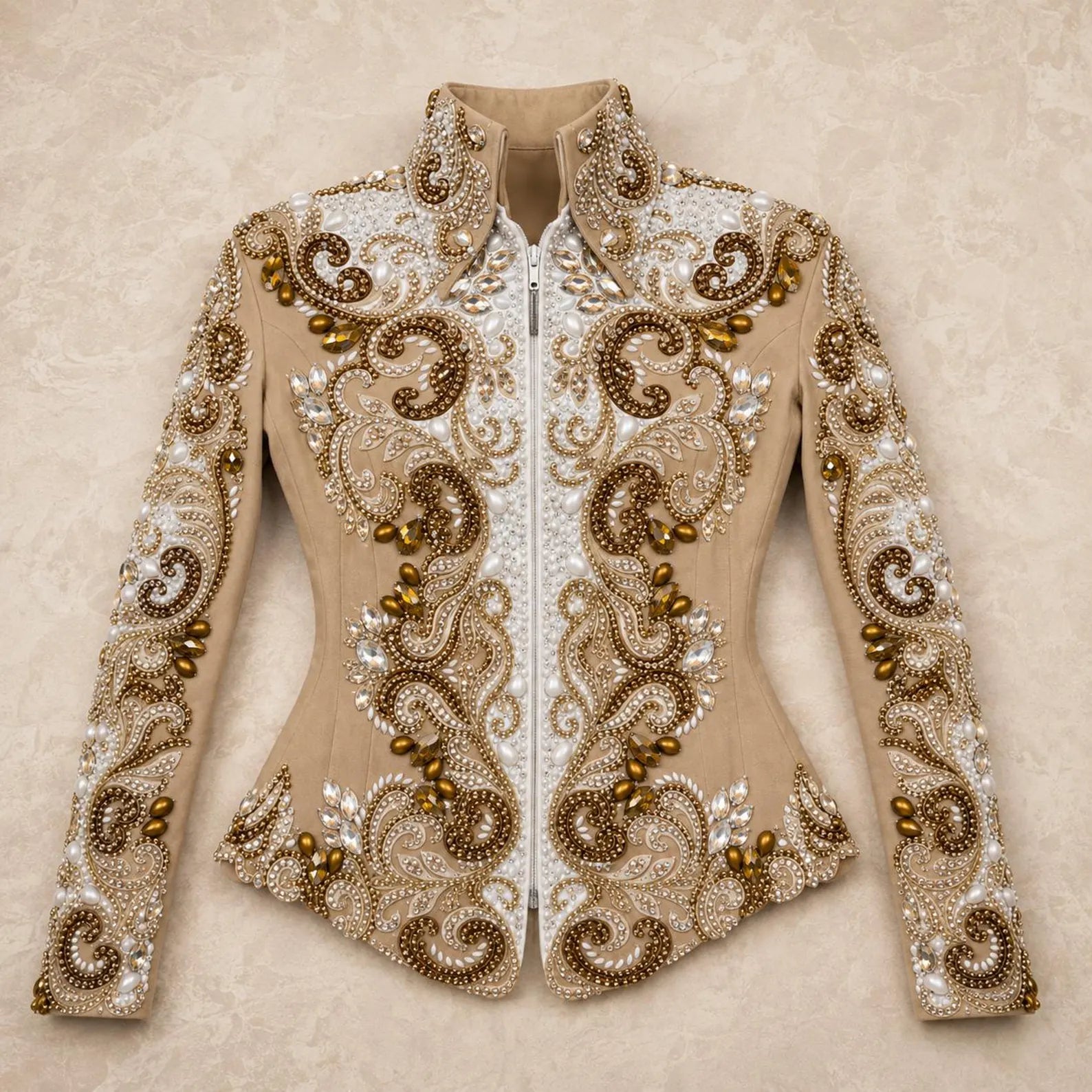 Luxury Handcrafted Western Equestrian Show Jacket – Premium Crystal & Gold Embellished Riding Shirt