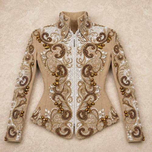 Luxury Handcrafted Western Equestrian Show Jacket – Premium Crystal & Gold Embellished Riding Shirt