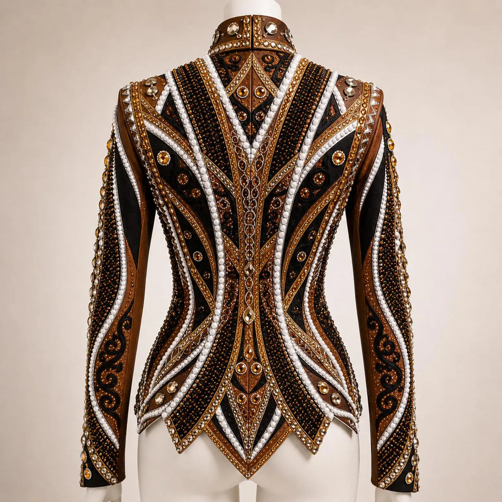 Luxury Handcrafted Western Equestrian Show Jacket – Premium Crystal & Gold Embellished Riding Shirt