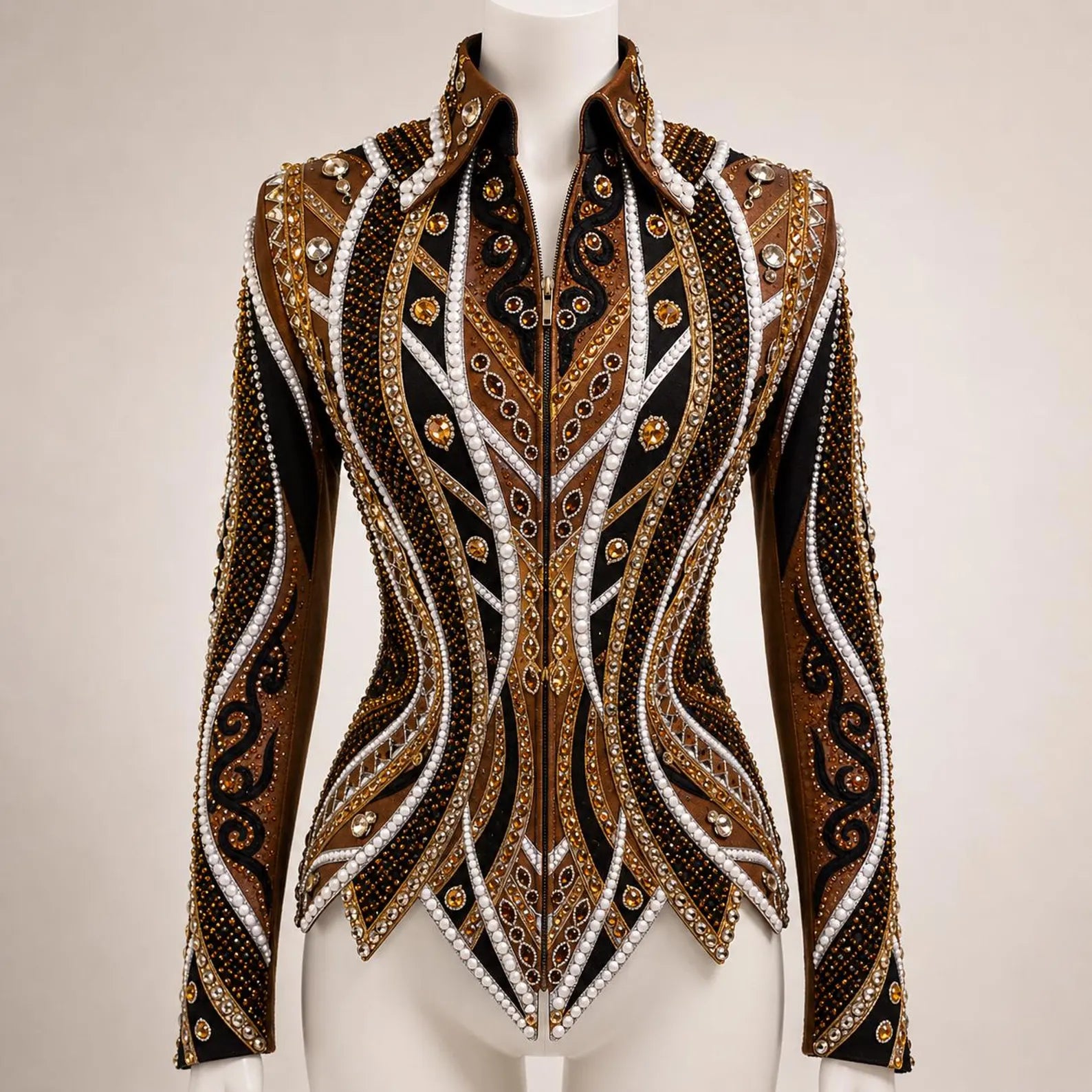 Luxury Handcrafted Western Equestrian Show Jacket – Premium Crystal & Gold Embellished Riding Shirt