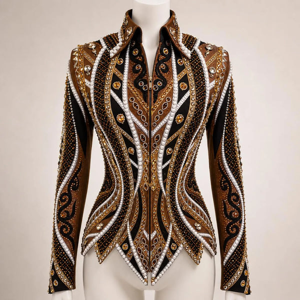 Luxury Handcrafted Western Equestrian Show Jacket – Premium Crystal & Gold Embellished Riding Shirt