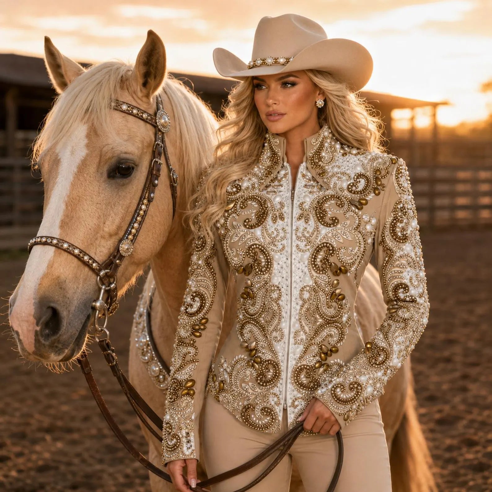 Luxury Handcrafted Western Equestrian Show Jacket – Premium Crystal & Gold Embellished Riding Shirt