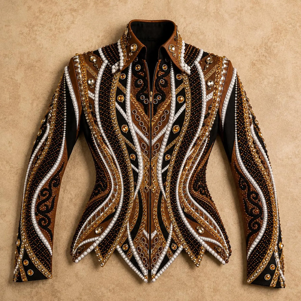 Luxury Handcrafted Western Equestrian Show Jacket – Premium Crystal & Gold Embellished Riding Shirt