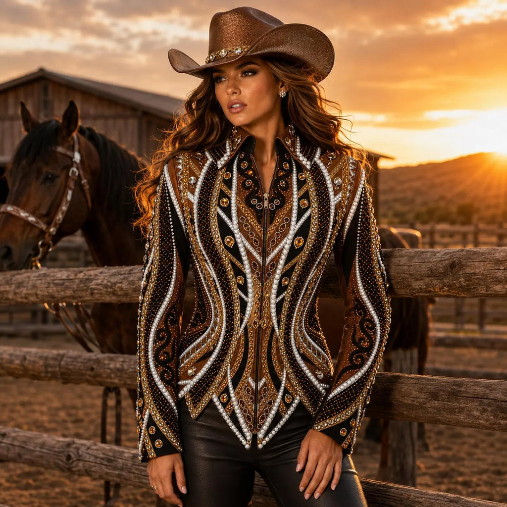 Luxury Handcrafted Western Equestrian Show Jacket – Premium Crystal & Gold Embellished Riding Shirt