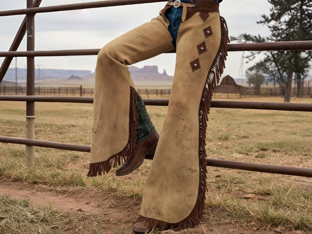 Leather Western show chaps by Haram Exports, featuring durable black leather with decorative stitching and silver accents.