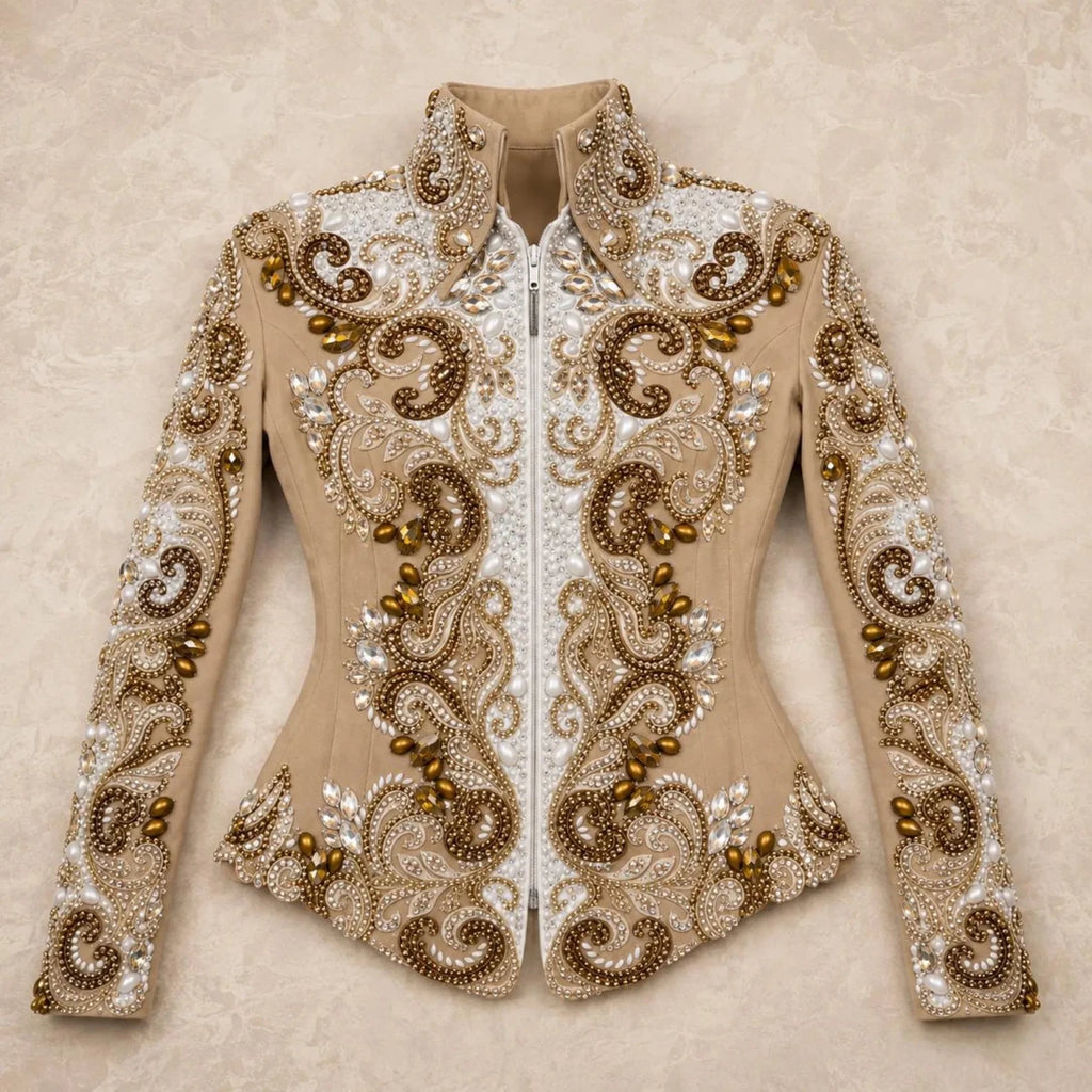 Luxury Handcrafted Western Equestrian Show Jacket – Premium Crystal & Gold Embellished Riding Shirt - Haram Exports