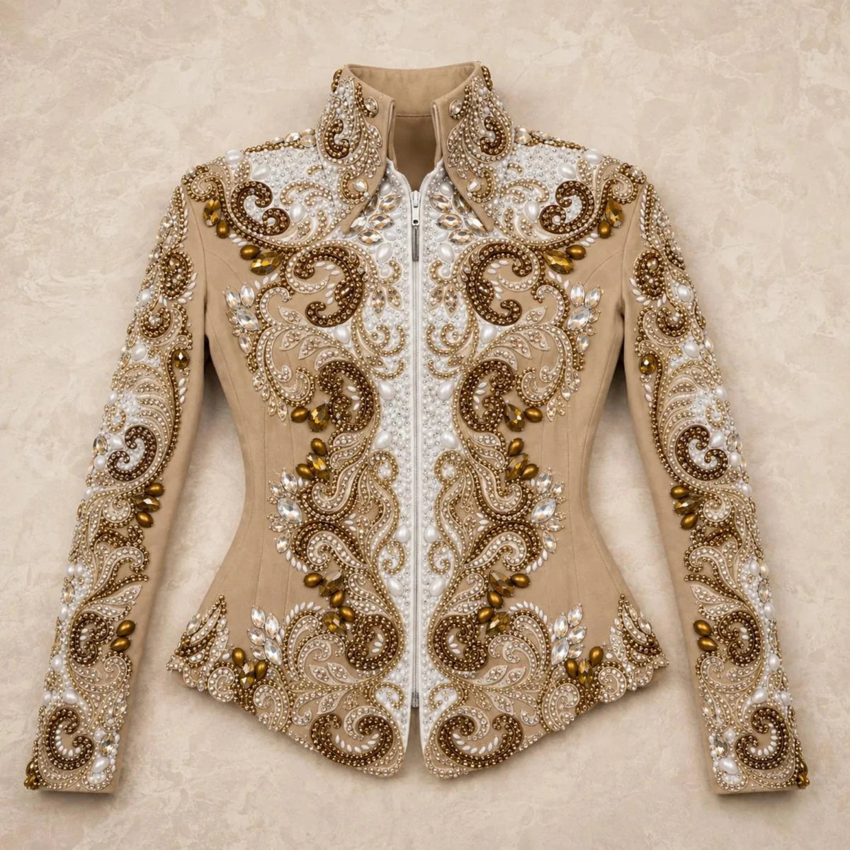 Luxury Handcrafted Western Equestrian Show Jacket – Premium Crystal & Gold Embellished Riding Shirt - Haram Exports