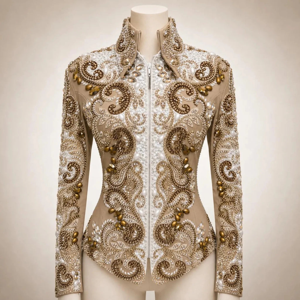 Luxury Handcrafted Western Equestrian Show Jacket – Premium Crystal & Gold Embellished Riding Shirt - Haram Exports