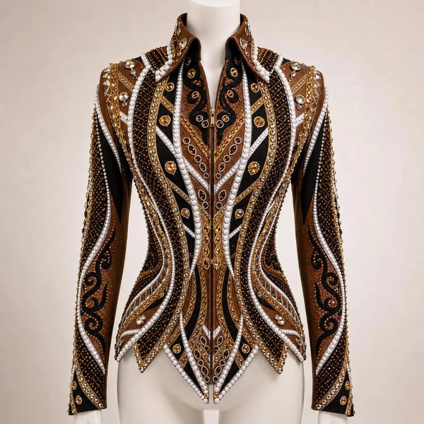 Luxury Handcrafted Western Equestrian Show Jacket – Premium Crystal & Gold Embellished Riding Shirt - Haram Exports